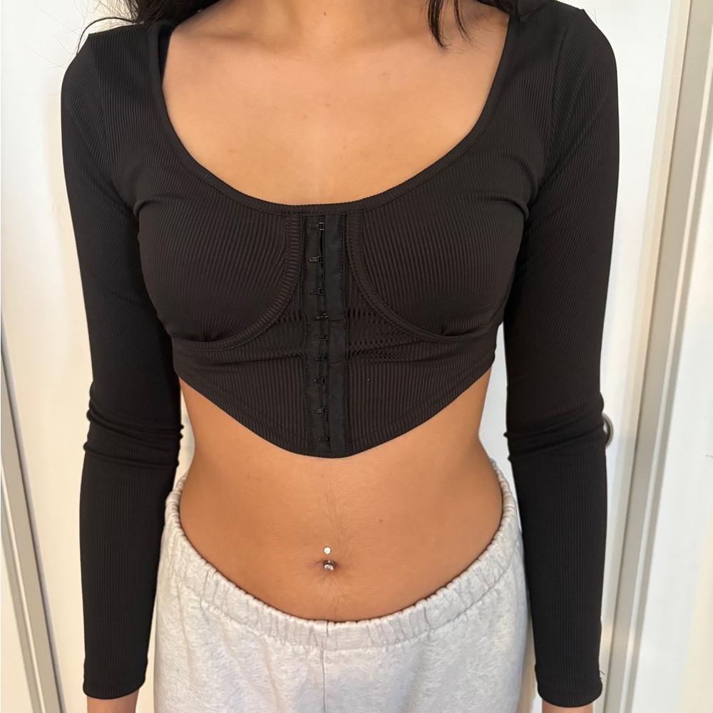 Black Ribbed Cropped Corset Long Sleeve